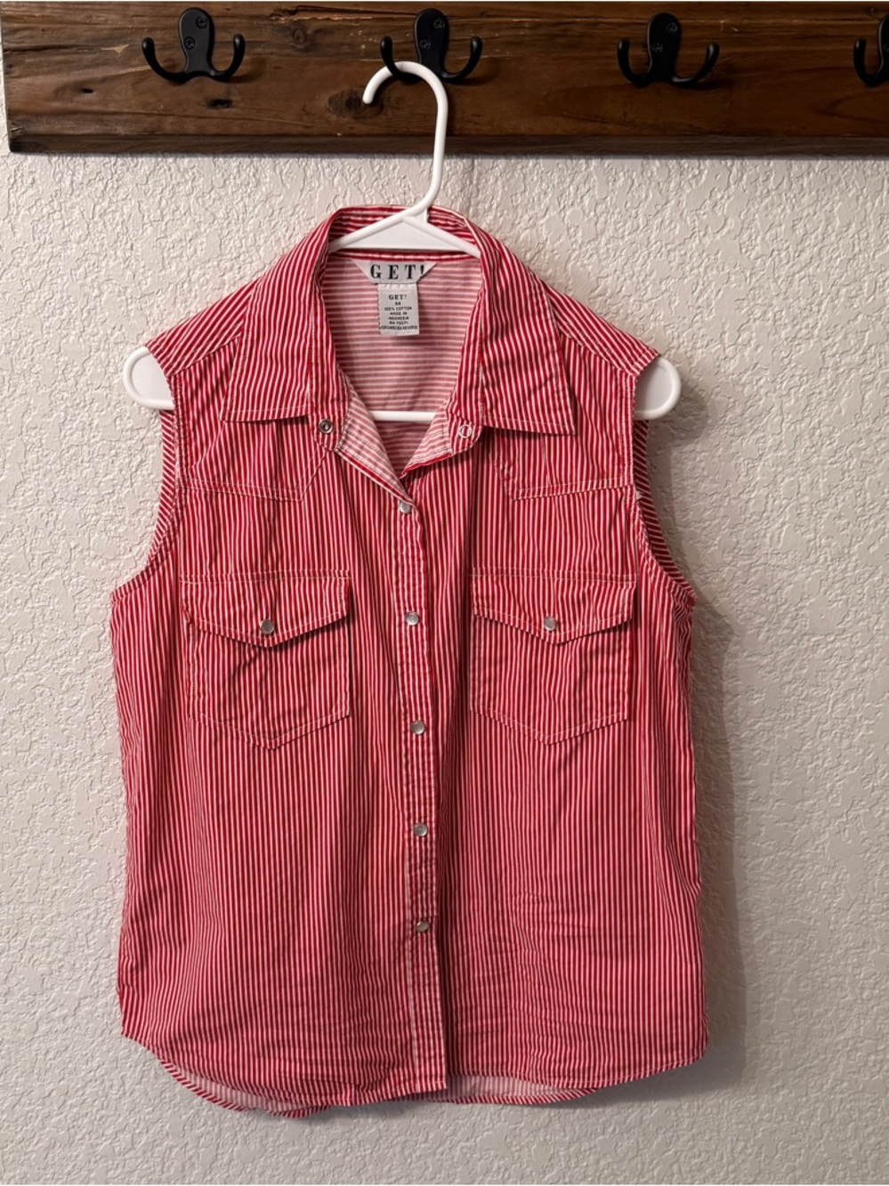 Sleeveless Red Striped pearl snap Button-Front Shirt